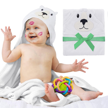 White hooded baby towel with bear face hood and green ribbon, soft terry