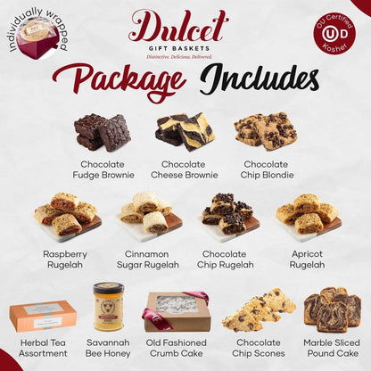 Dulcet Package Includes chart showing brownie, rugelach, scone, and tea assortment