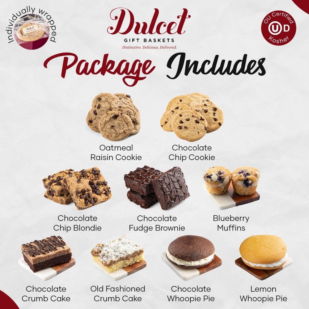 Gift basket package includes cookies, blondie, brownies, muffins, and whoopie pie