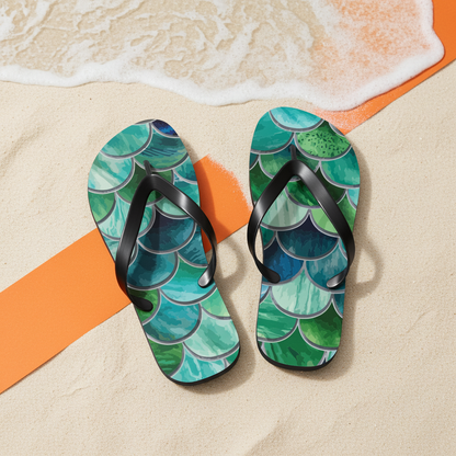 Pair of mermaid-scale flip flops with black straps and teal-green scale pattern