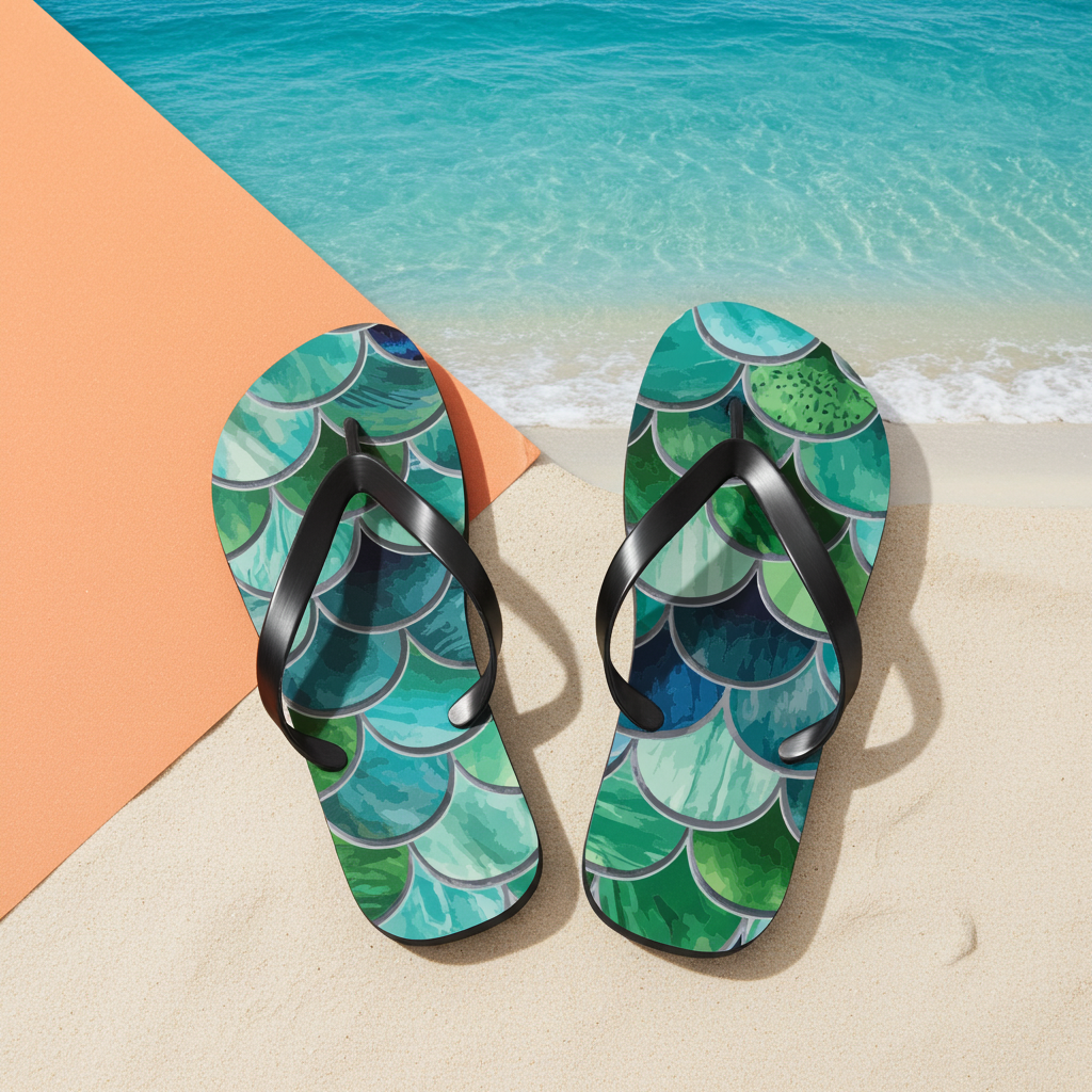 Mermaid-scale flip flops with green and blue scale pattern, black T-strap, black sole
