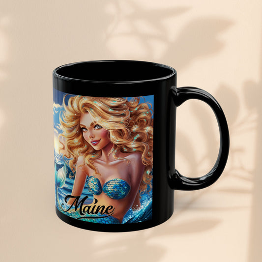 Black ceramic mug with mermaid artwork and 'Maine' text