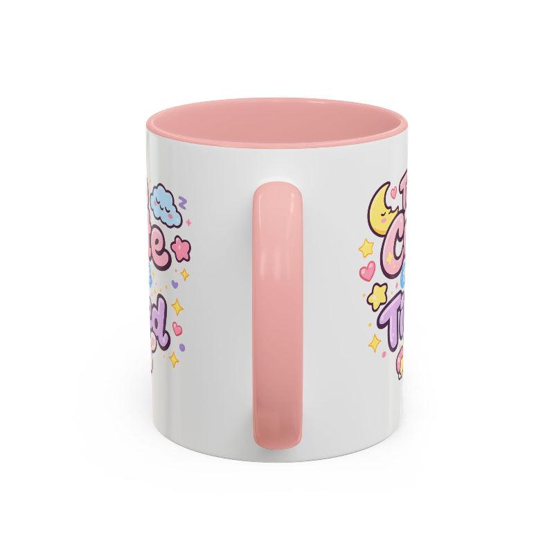 Kawaii bunny mug with pink rim and handle, side view with vertical handle bar