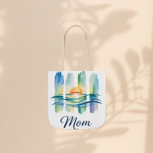 Mom Ocean Sunset Canvas Tote Bag – Watercolour Triptych Design | Polyester Canvas | 3 Sizes × 5 Strap Colours | Gift for Mom