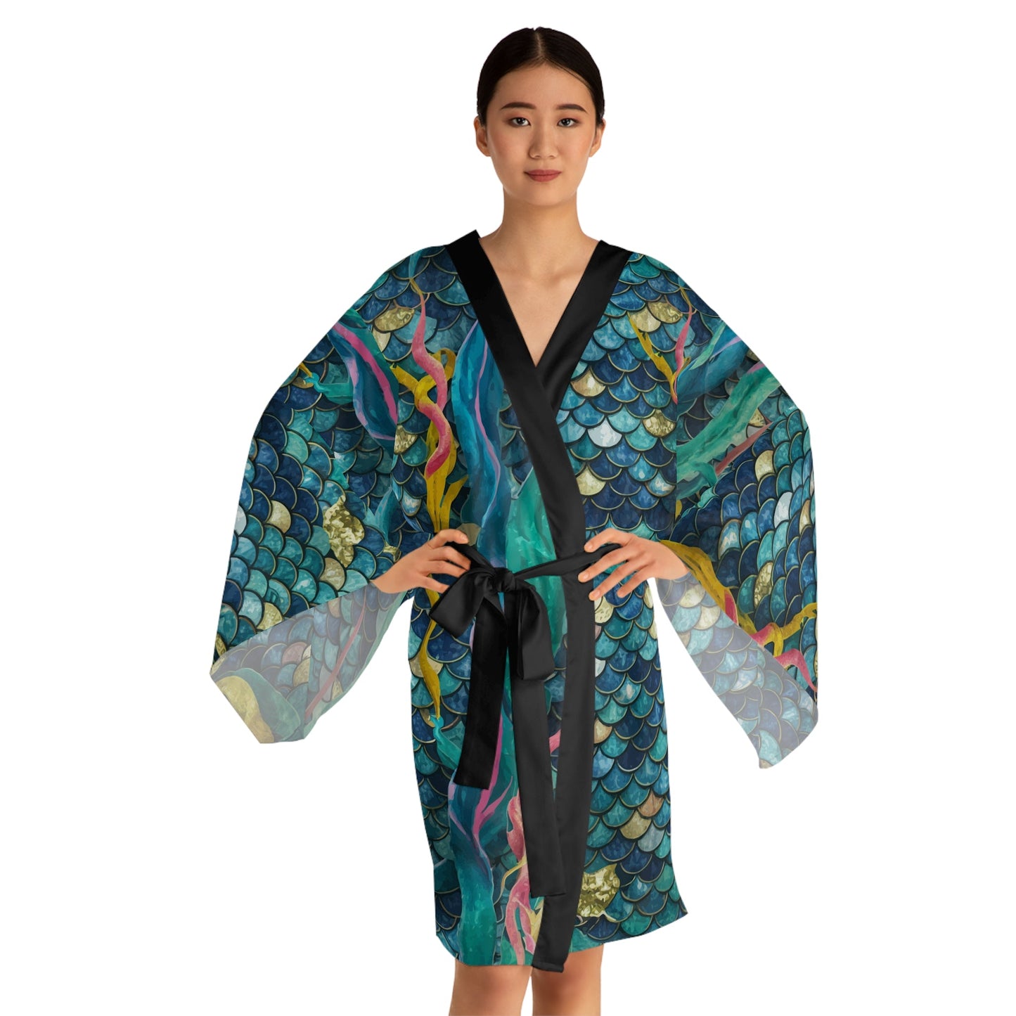 Mermaid Scale Party Kimono – Stained Glass Teal & Gold Mosaic Scale Print | XS–2XL | Black or White Trim | Festival Beach Wedding Coastal Cover-Up