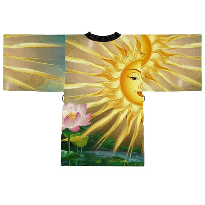 Lotus Sun Kimono Robe - Long Sleeve Lotus Flower Wrap with Golden Sun Design for Lounging, Spa Days, and Resort Wear XS to 2XL