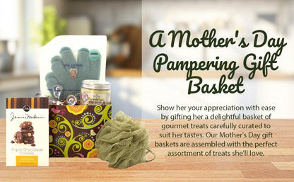 Spa and cookie gift basket with spa mitts, body butter jar, and triple chocolate cookie box