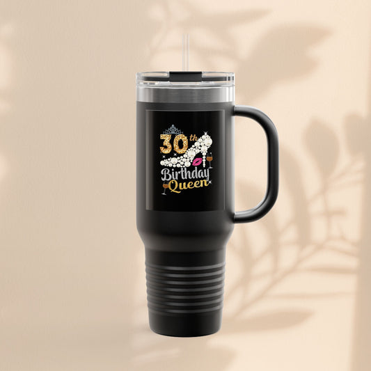 Insulated travel mug tumbler in dark gray/black with handle, clear lid, straw, and birthday queen print