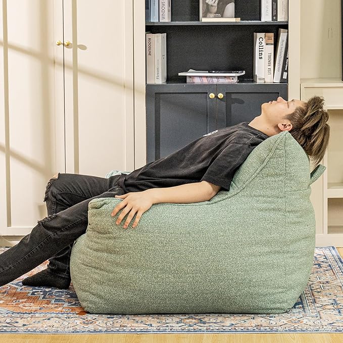Sage Green Chenille Memory Foam Bean Bag Armchair - Deep Recline Lounge Chair with Armrests for Reading Nook, Nursery, and Boho Bedroom