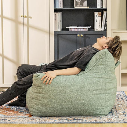 Sage Green Chenille Memory Foam Bean Bag Armchair - Deep Recline Lounge Chair with Armrests for Reading Nook, Nursery, and Boho Bedroom