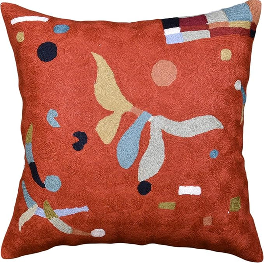 Orange abstract art pillow cover with beige, blue, white and navy shapes