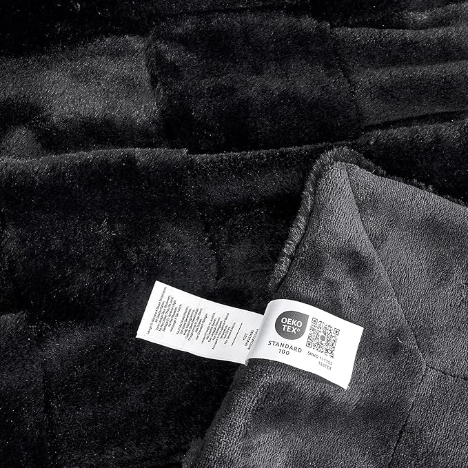 Black Checkered Faux Fur Queen Blanket – 90"x90" | 450GSM 3D Jacquard Check Pattern | OEKO-TEX Certified Bold Plush Throw for Bed & Couch