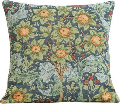 Square tapestry pillow cover in dark blue with green foliage and orange flower medallions