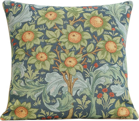 Square tapestry pillow cover in dark blue with green foliage and orange flower medallions