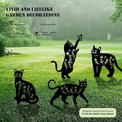 Black Cat Metal Garden Stakes Set of 4 - Weather-Resistant Silhouette Yard Decor for Lawns, Patios, Flower Beds, and Cat Lovers