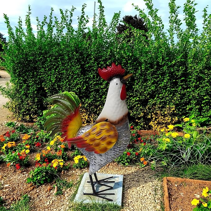 Metal Rooster Garden Statue - Weather-Resistant Iron Farmhouse Outdoor Sculpture and Yard Art