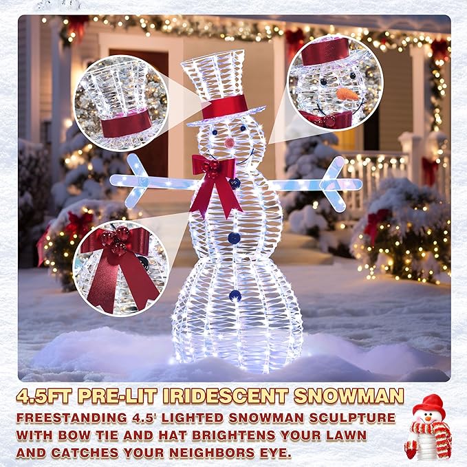Lighted iridescent snowman with red bow scarf, blue-white LED eyes and crossbar arms