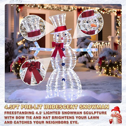 Lighted iridescent snowman with red bow scarf, blue-white LED eyes and crossbar arms
