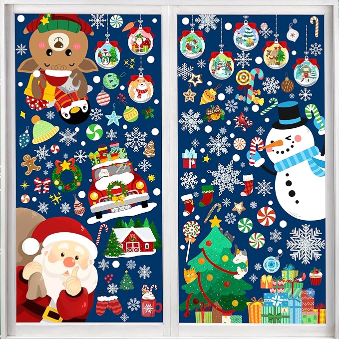 Two sheets of Christmas window cling decals with Santa, snowman, reindeer and ornaments