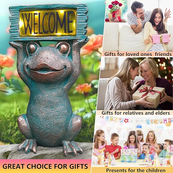 Solar Frog Garden Statue with Welcome Sign - 11.5-Inch Resin Outdoor Decor