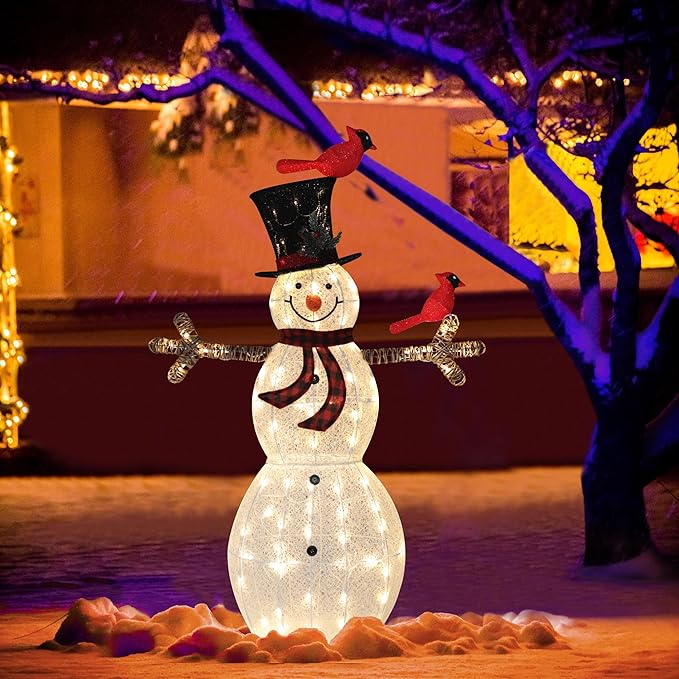 Illuminated glitter white snowman with red birds and striped scarf, black top hat