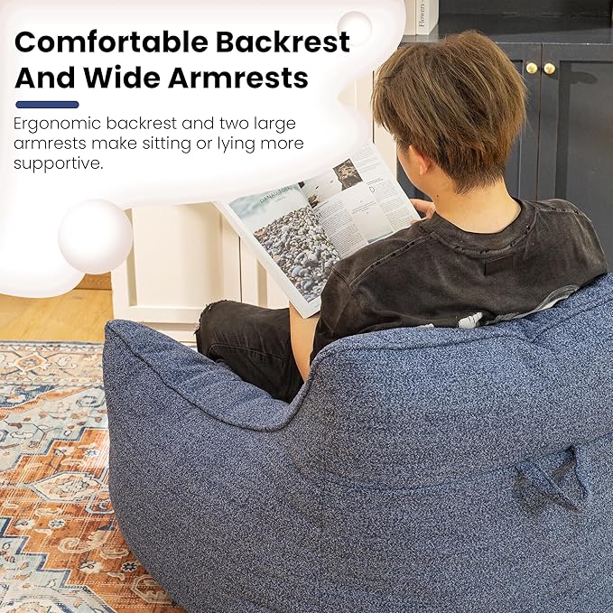 Denim Blue Chenille Memory Foam Bean Bag Armchair - Deep Recline Lounge Chair with Armrests for Reading Nook, Nursery, and Modern Home