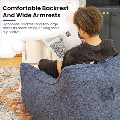 Denim Blue Chenille Memory Foam Bean Bag Armchair - Deep Recline Lounge Chair with Armrests for Reading Nook, Nursery, and Modern Home