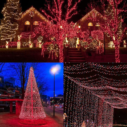 Red mini Christmas string lights covering a decorated house and yard tree