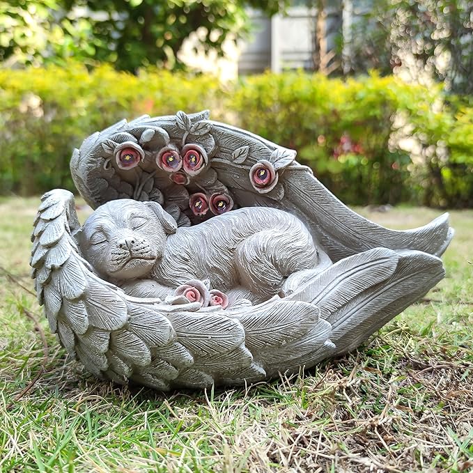 Solar Angel Dog Memorial Statue - Sleeping Dog with Angel Wings Resin Garden Decor