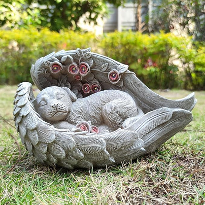 Solar Angel Dog Memorial Statue - Sleeping Dog with Angel Wings Resin Garden Decor