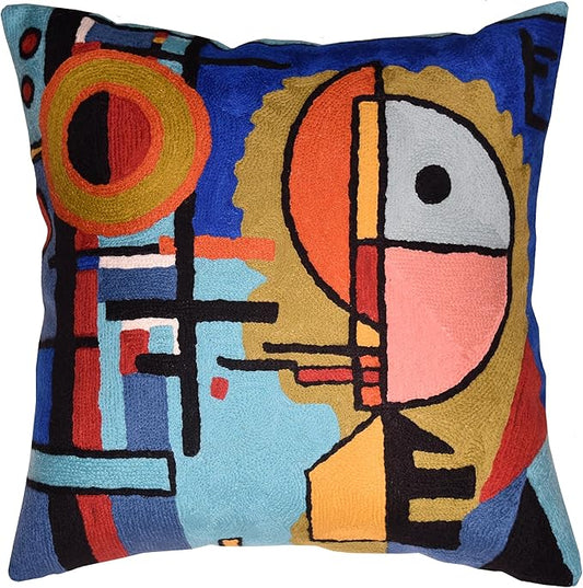 Blue abstract throw pillow cover with colorful face and geometric embroidery