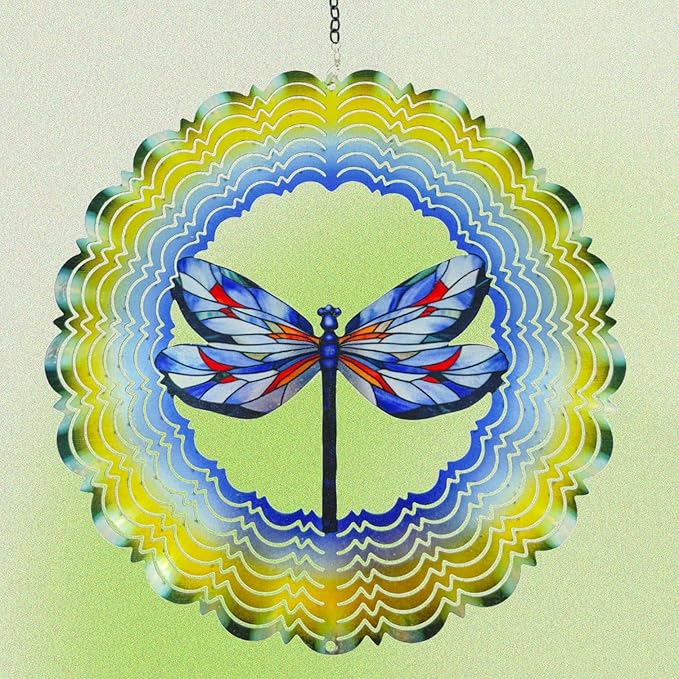 Hanging dragonfly wind spinner with blue/red wings and layered green-yellow scalloped edges