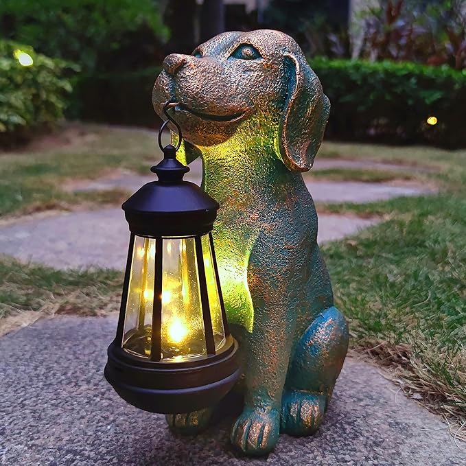 Solar Dog Garden Statue with Lantern - 9.4-Inch Resin Outdoor Decor