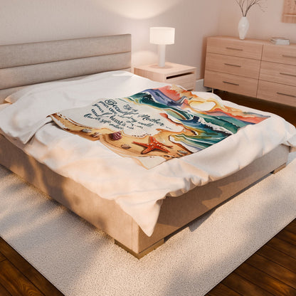 To My Beautiful Mother Velveteen Plush Blanket – Ocean Sunset Watercolour Beach Scene | Your Love Shaped My World | 3 Sizes | Gift for Mom