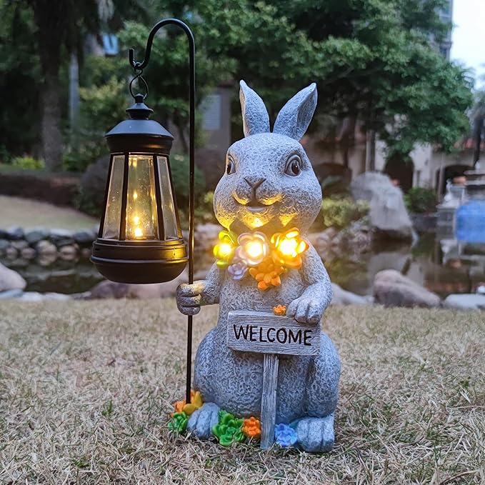 Solar Rabbit Garden Statue with Lantern and Flowers - 12-Inch UV-Resistant Resin Outdoor Decor