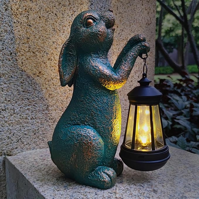 Solar Rabbit Garden Statue Holding Lantern - Resin Outdoor Decor with Warm Welcoming Glow