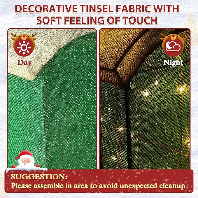 Green glitter tinsel fabric panel with attached warm-white light strands for Christmas decor