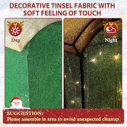 Green glitter tinsel fabric panel with attached warm-white light strands for Christmas decor