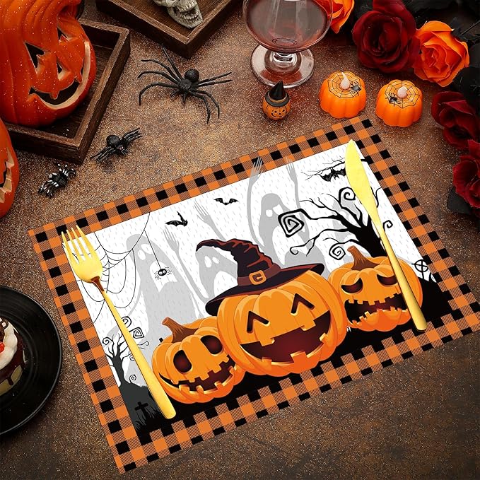 Halloween paper placemat with plaid border and orange pumpkins with ghost and spider print