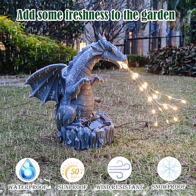 Blue dragon garden statue with glowing solar LED string lights in the yard