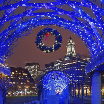 Blue LED mini string lights forming an arch canopy with wreaths for outdoor decor