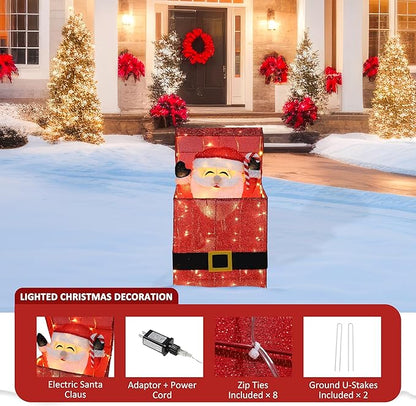 Lit 3D Santa Claus gift box decoration with red glitter fabric on snowy ground