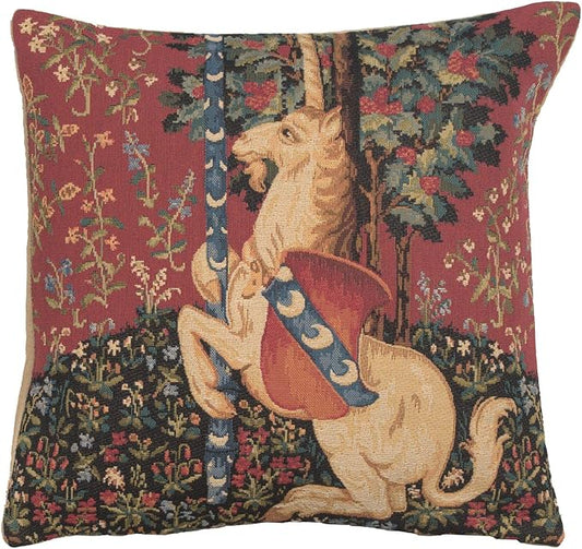 Square unicorn tapestry pillow cover with burgundy floral pattern and unicorn holding a wing