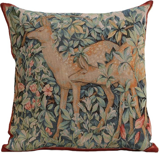 Decorative tapestry pillow cover with deer and leafy branches, blue-green tones, red piping