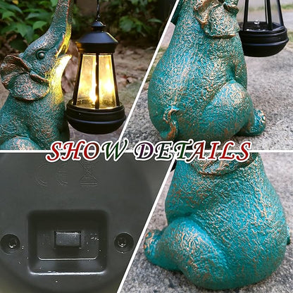 Solar Elephant Garden Statue with Lantern - 10.8-Inch Good Luck Resin Decor