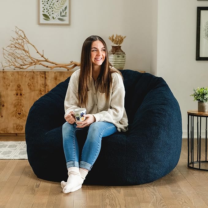 Deep Navy Boucle Cloudberry Cocoon Bean Bag Chair - Giant Structured Round Lounge Chair for Nursery, Reading, and the Most Enveloping Seat in the House