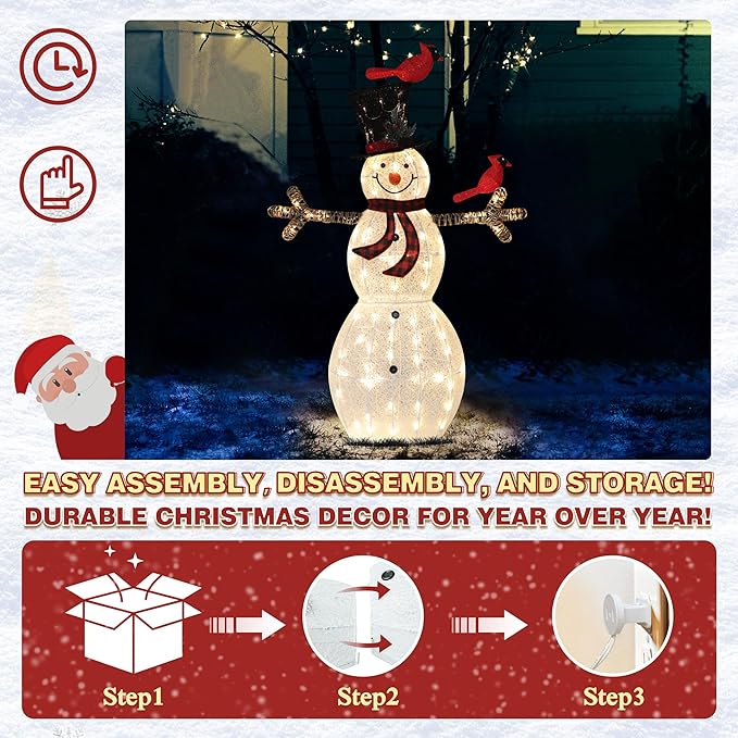 Pre-lit glitter snowman with red birds and black top hat, shown on instruction panel