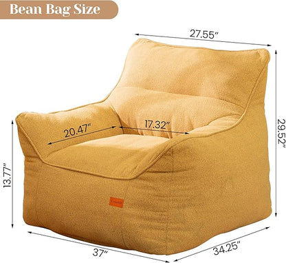 Mustard Chenille Cushioned Bean Bag Armchair - Structured Memory Foam Lounge Chair for Maximalist Interiors, Reading Nook, and Warm Eclectic Spaces