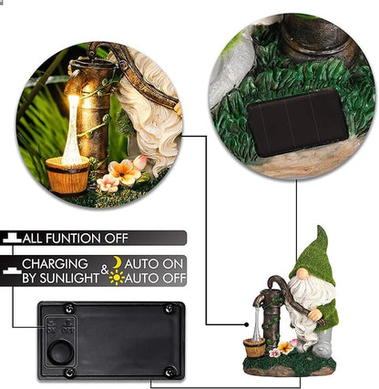 Garden gnome solar lantern decor with built-in solar panel on green grass base