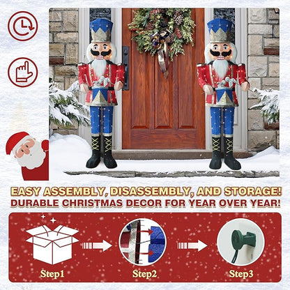 Two lit nutcracker soldiers in red-and-blue uniforms with warm white LED lights